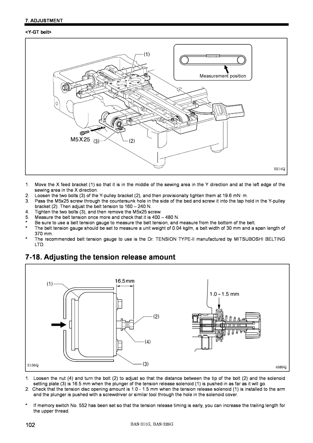 Brother BAS-311G service manual Adjusting the tension release amount, ADJUSTMENT Y-GT belt 