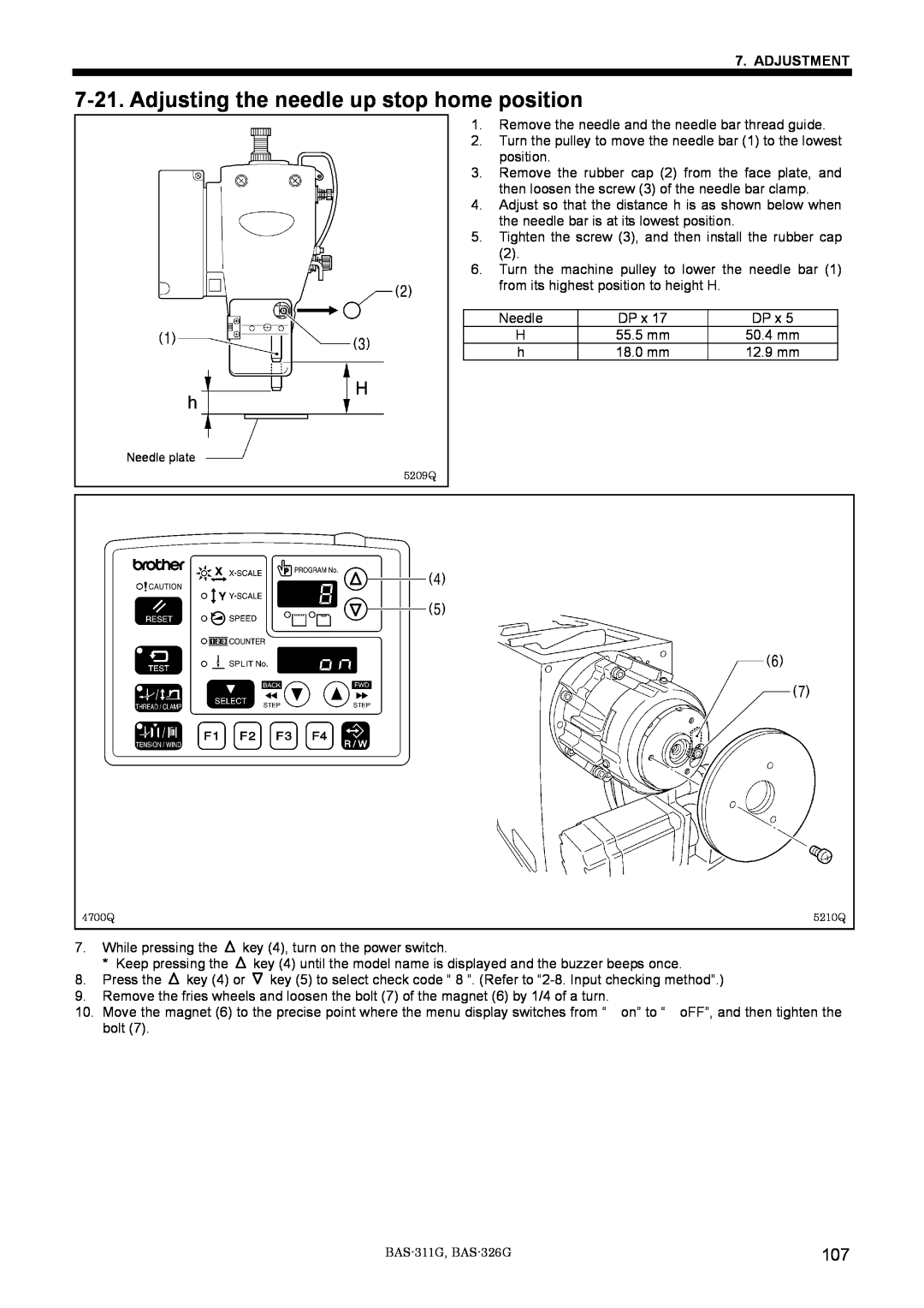 Brother BAS-311G service manual Adjusting the needle up stop home position, Adjustment, 5209Q, 4700Q, 5210Q 