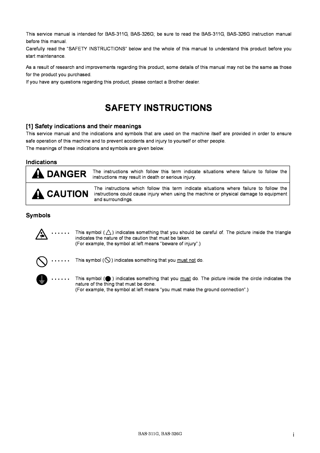 Brother BAS-311G Safety Instructions, Safety indications and their meanings, Indications, Symbols, ･･････ ･･････ ･･････ 