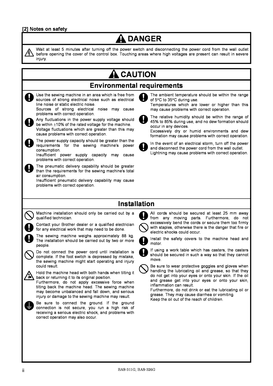 Brother BAS-311G service manual Danger, Environmental requirements, Installation, Notes on safety 