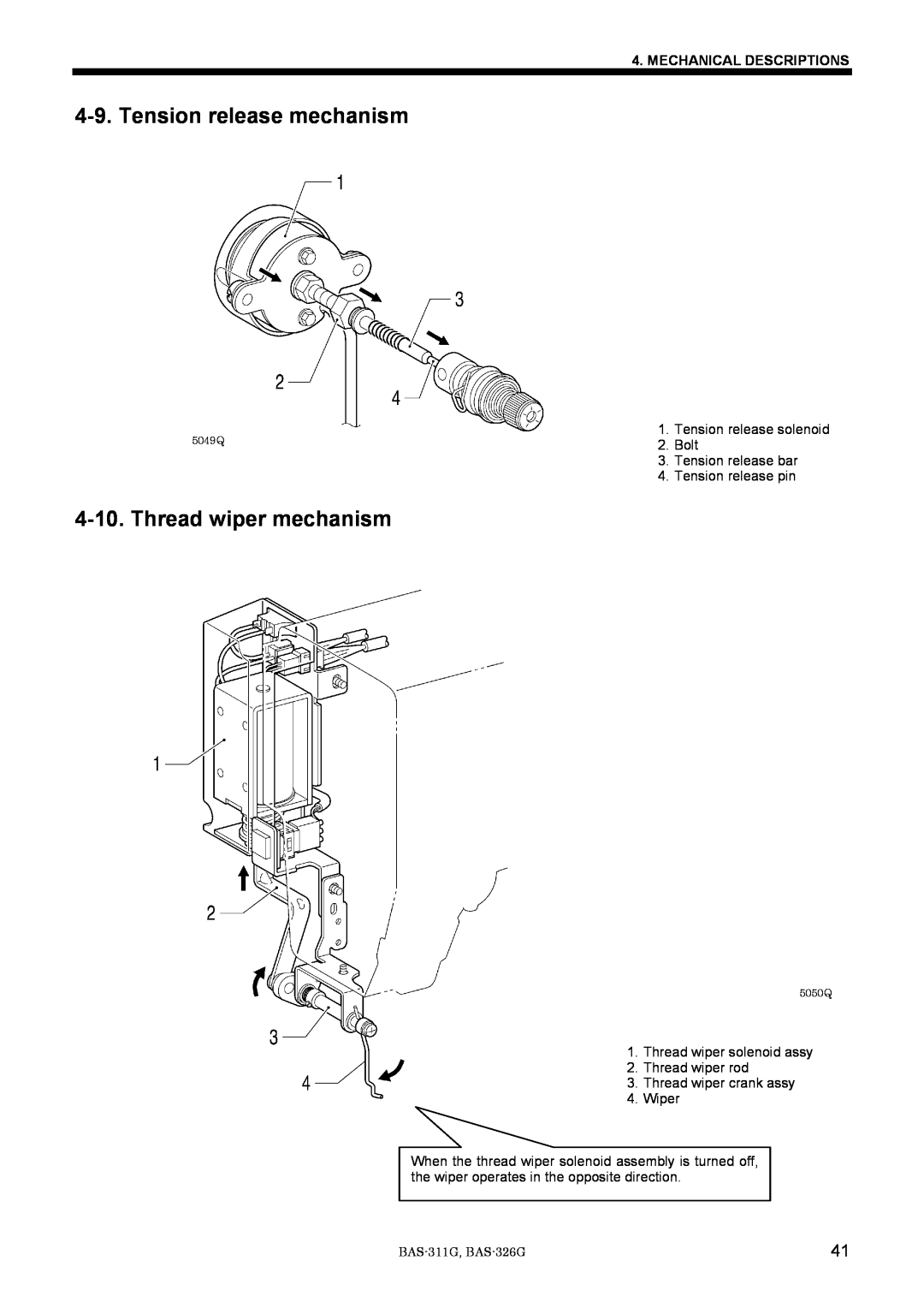 Brother Tension release mechanism, Thread wiper mechanism, Mechanical Descriptions, BAS-311G, BAS-326G, 5049Q, 5050Q 