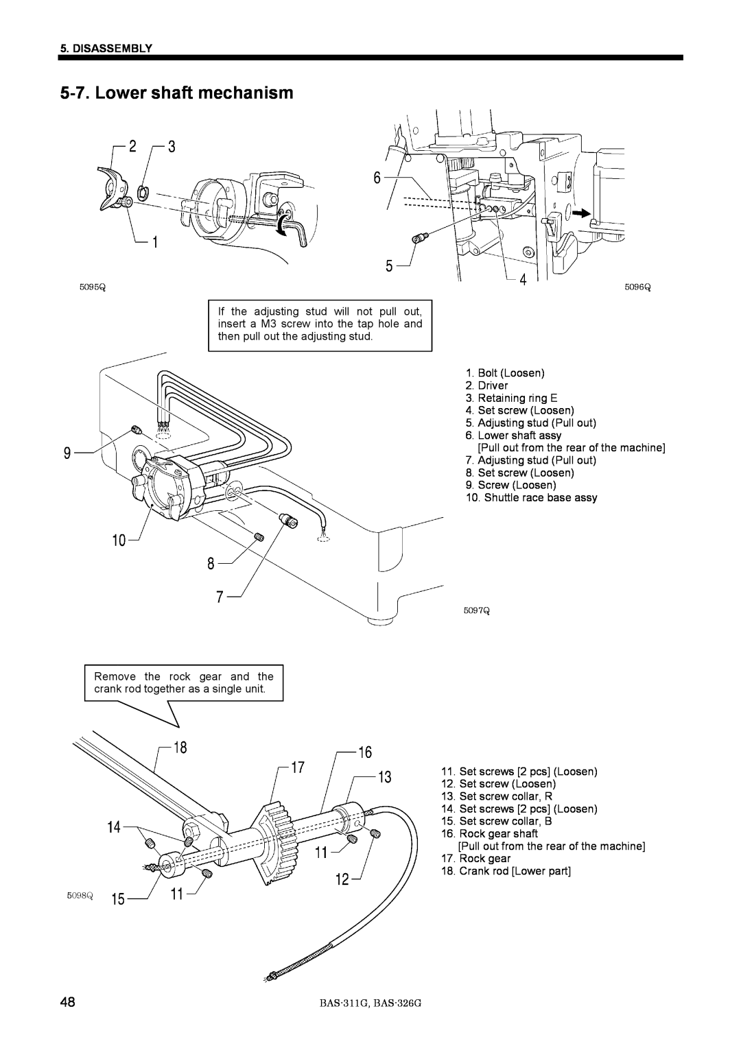 Brother BAS-311G service manual Lower shaft mechanism, Disassembly 