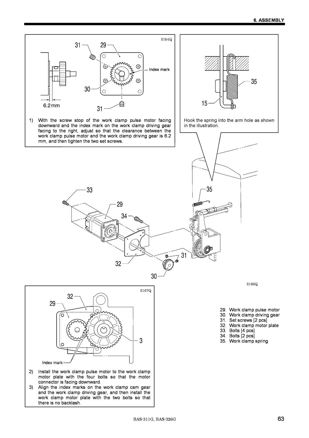 Brother BAS-311G service manual Assembly, Hook the spring into the arm hole as shown in the illustration 