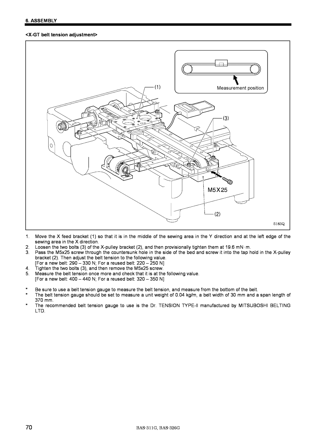 Brother BAS-311G service manual Assembly, X-GT belt tension adjustment, Measurement position 