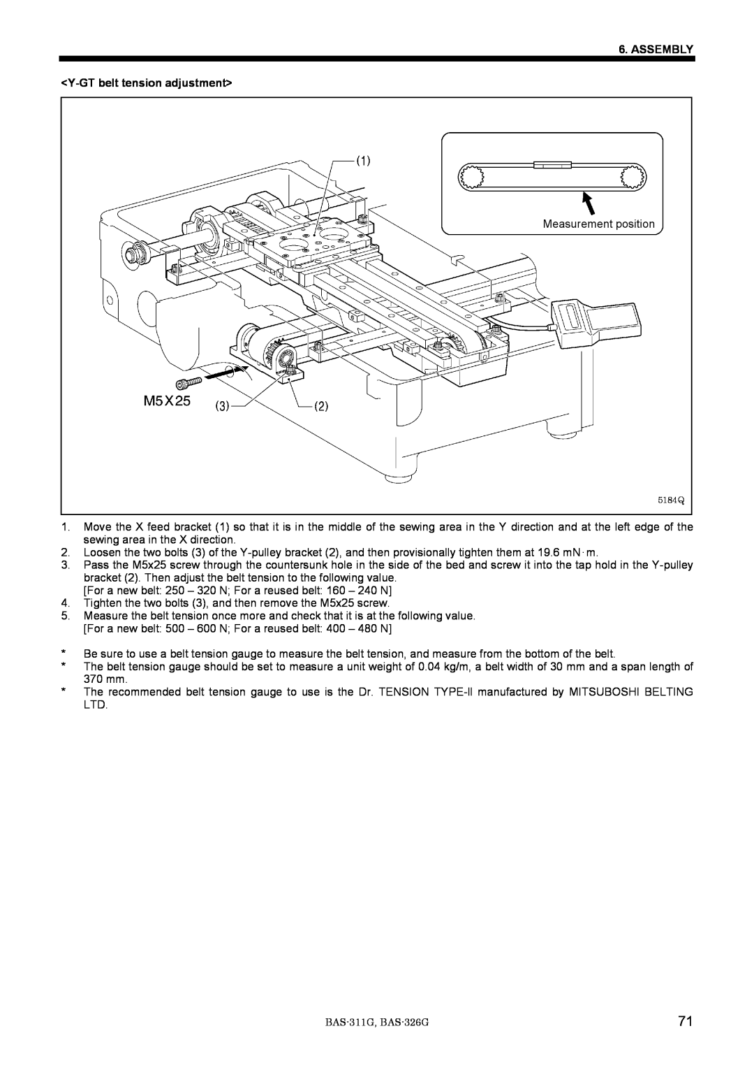 Brother BAS-311G service manual ASSEMBLY Y-GT belt tension adjustment, 5184Q 