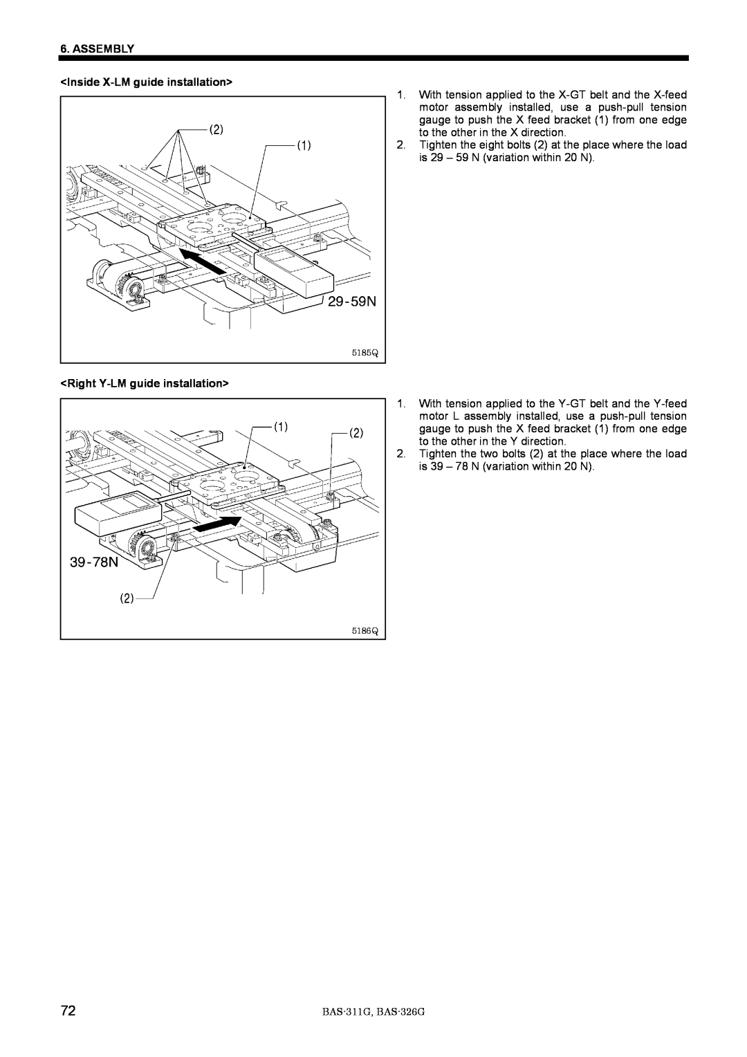 Brother BAS-311G service manual Assembly, Inside X-LM guide installation, Right Y-LM guide installation, 5185Q, 5186Q 