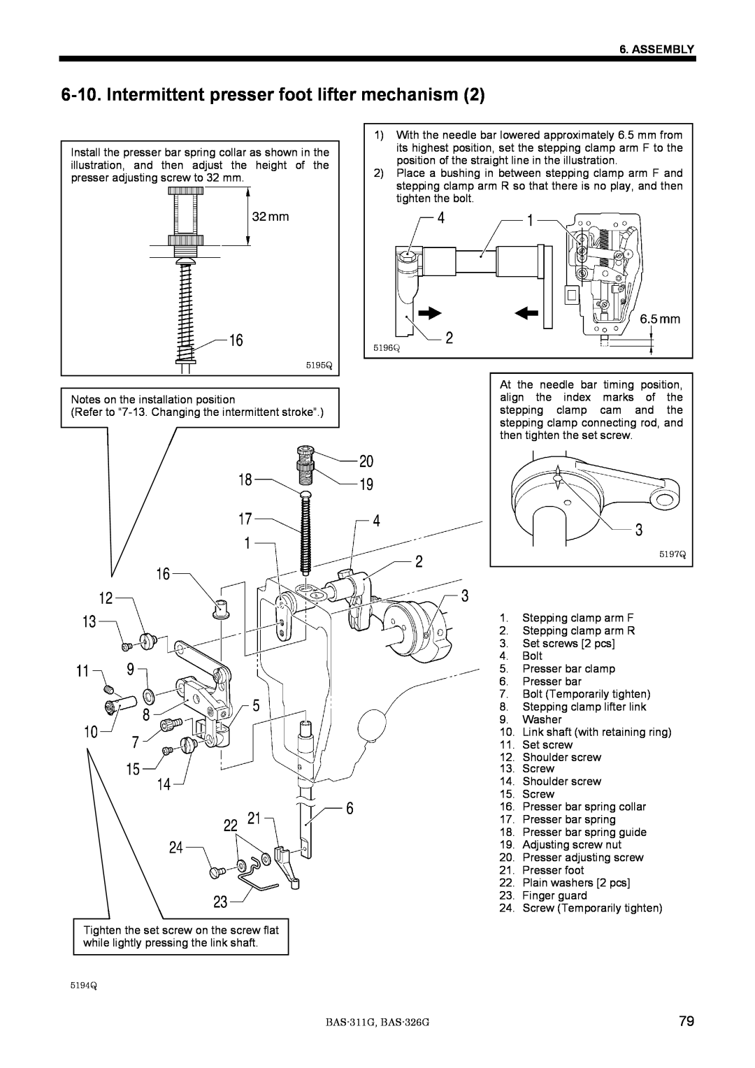 Brother BAS-311G service manual Intermittent presser foot lifter mechanism, Assembly 