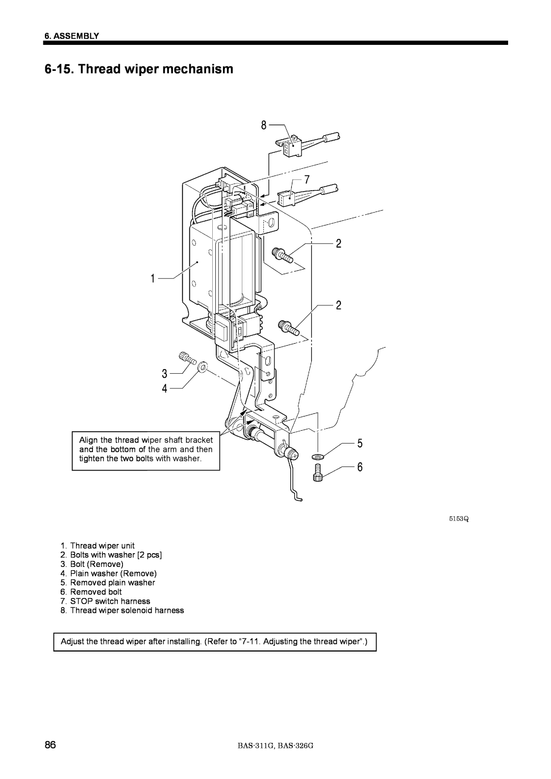 Brother BAS-311G service manual Thread wiper mechanism, Assembly 