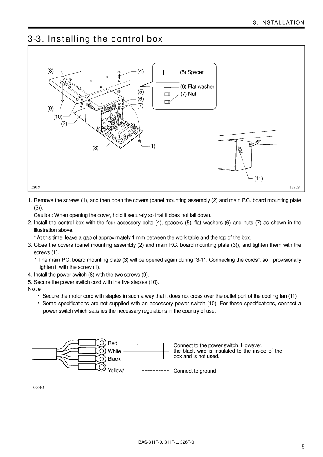 Brother BAS-326F-0, BAS-311F-L, BAS-311F-0 instruction manual Installing the control box 