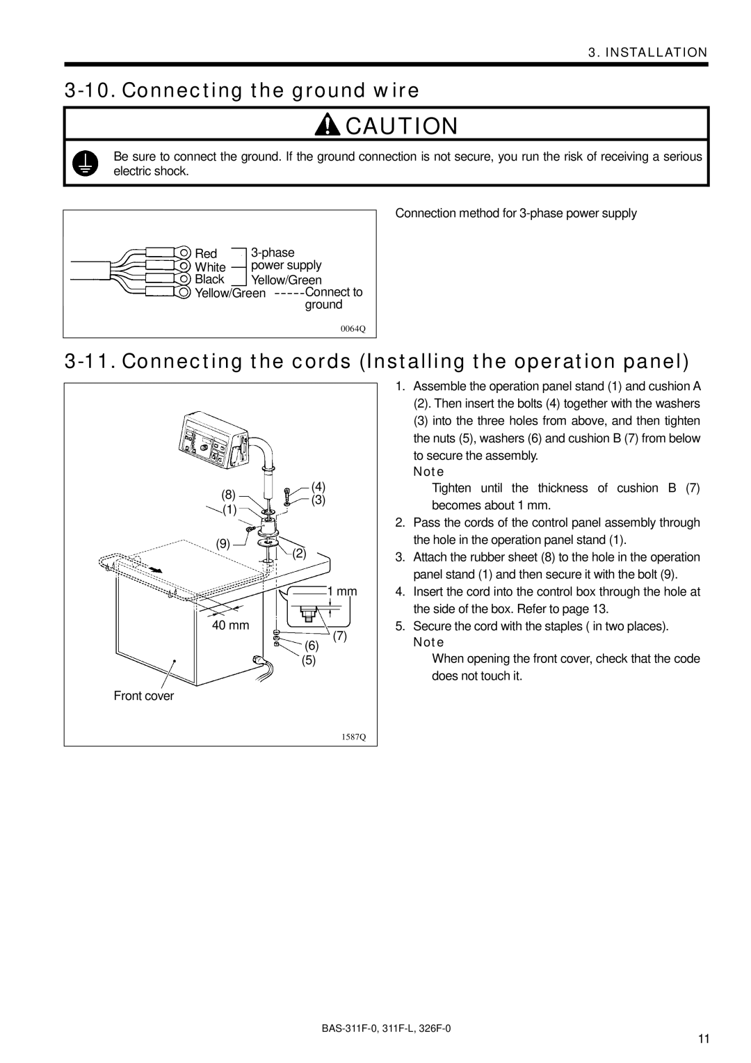 Brother BAS-326F-0, BAS-311F-L, BAS-311F-0 Connecting the ground wire, Connecting the cords Installing the operation panel 