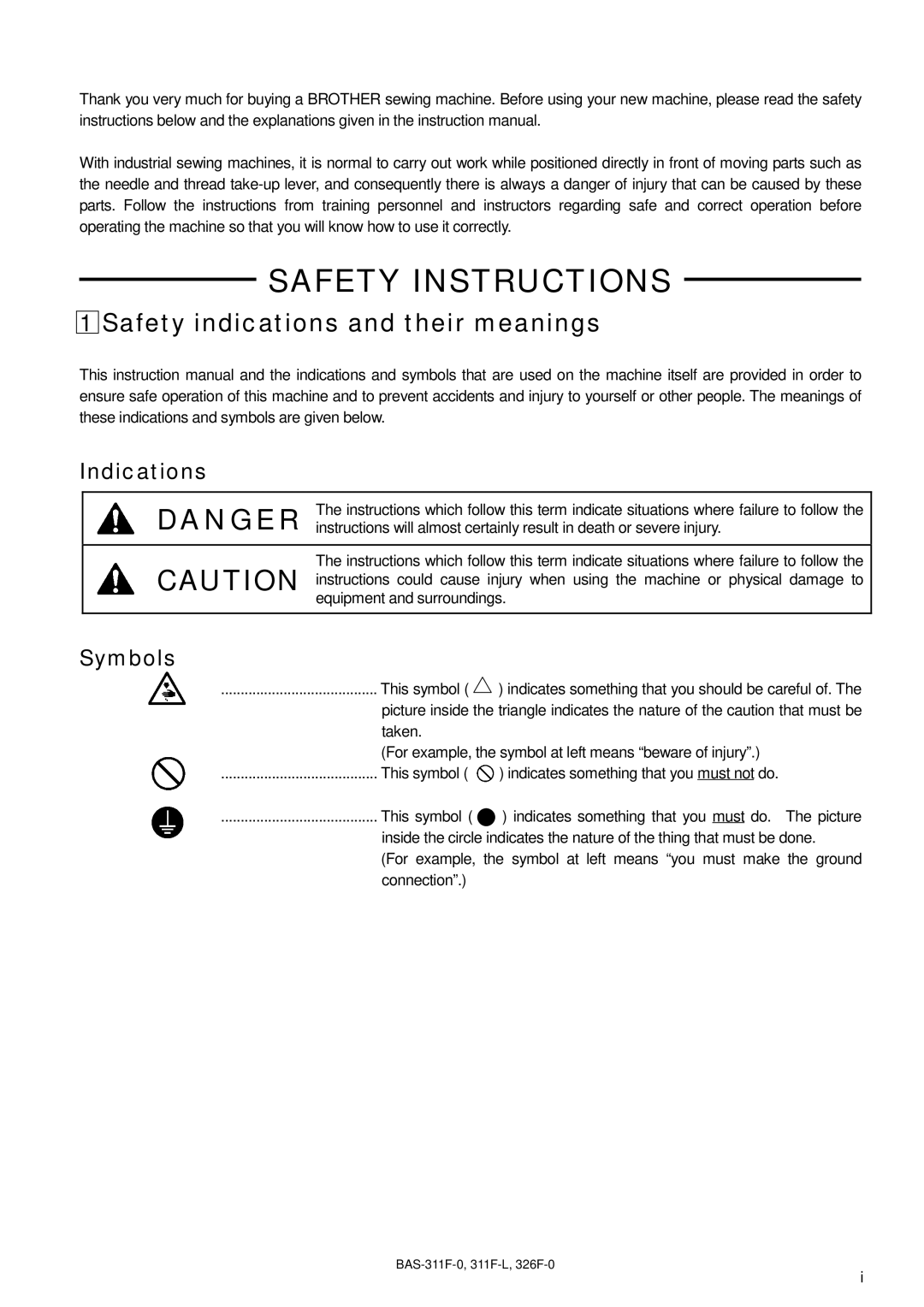 Brother BAS-311F-0, BAS-326F-0, BAS-311F-L instruction manual Safety Instructions, Safety indications and their meanings 