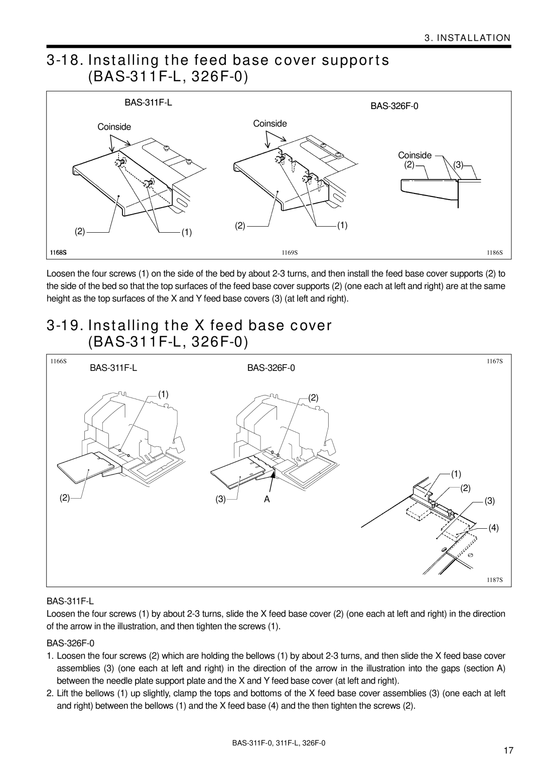 Brother BAS-326F-0, BAS-311F-0 instruction manual Installing the feed base cover supports BAS-311F-L, 326F-0 