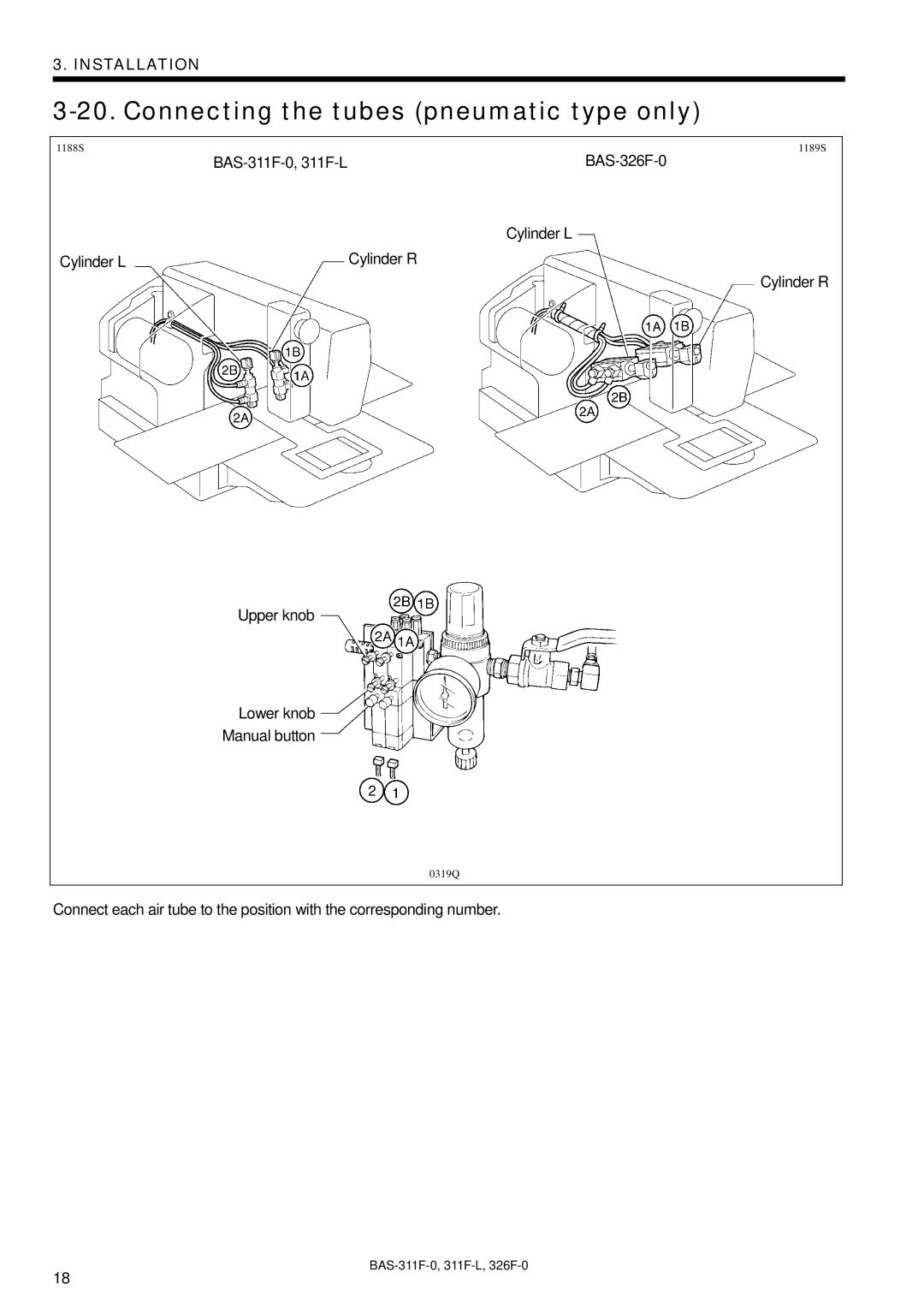 Brother BAS-311F-L, BAS-326F-0, BAS-311F-0 instruction manual Connecting the tubes pneumatic type only 