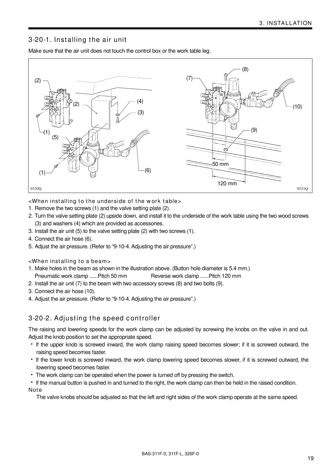 Brother BAS-311F-0, BAS-326F-0, BAS-311F-L When installing to the underside of the work table, When installing to a beam 