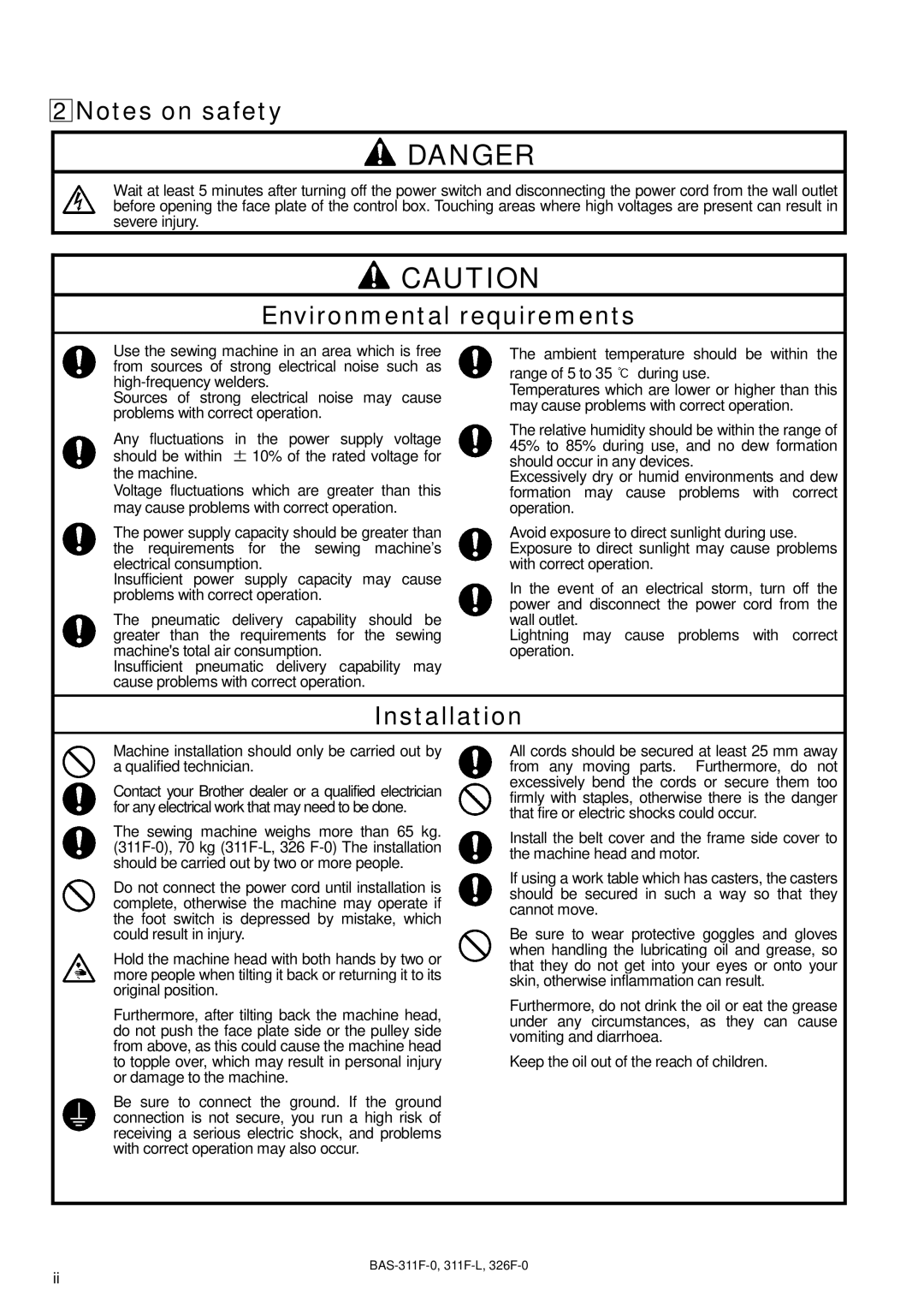 Brother BAS-326F-0, BAS-311F-L, BAS-311F-0 instruction manual Environmental requirements, Installation 