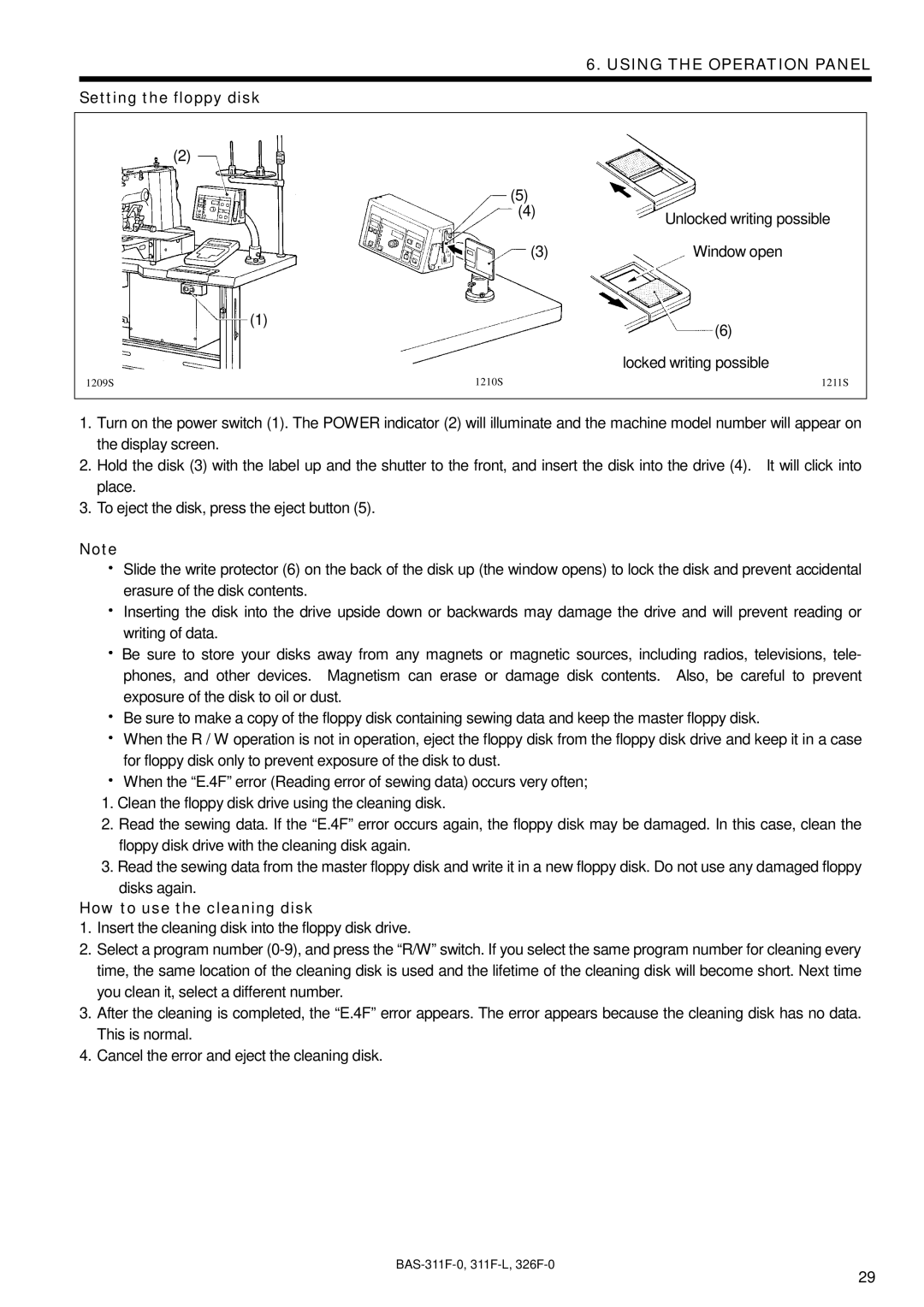 Brother BAS-326F-0, BAS-311F-L, BAS-311F-0 instruction manual Setting the floppy disk, How to use the cleaning disk 