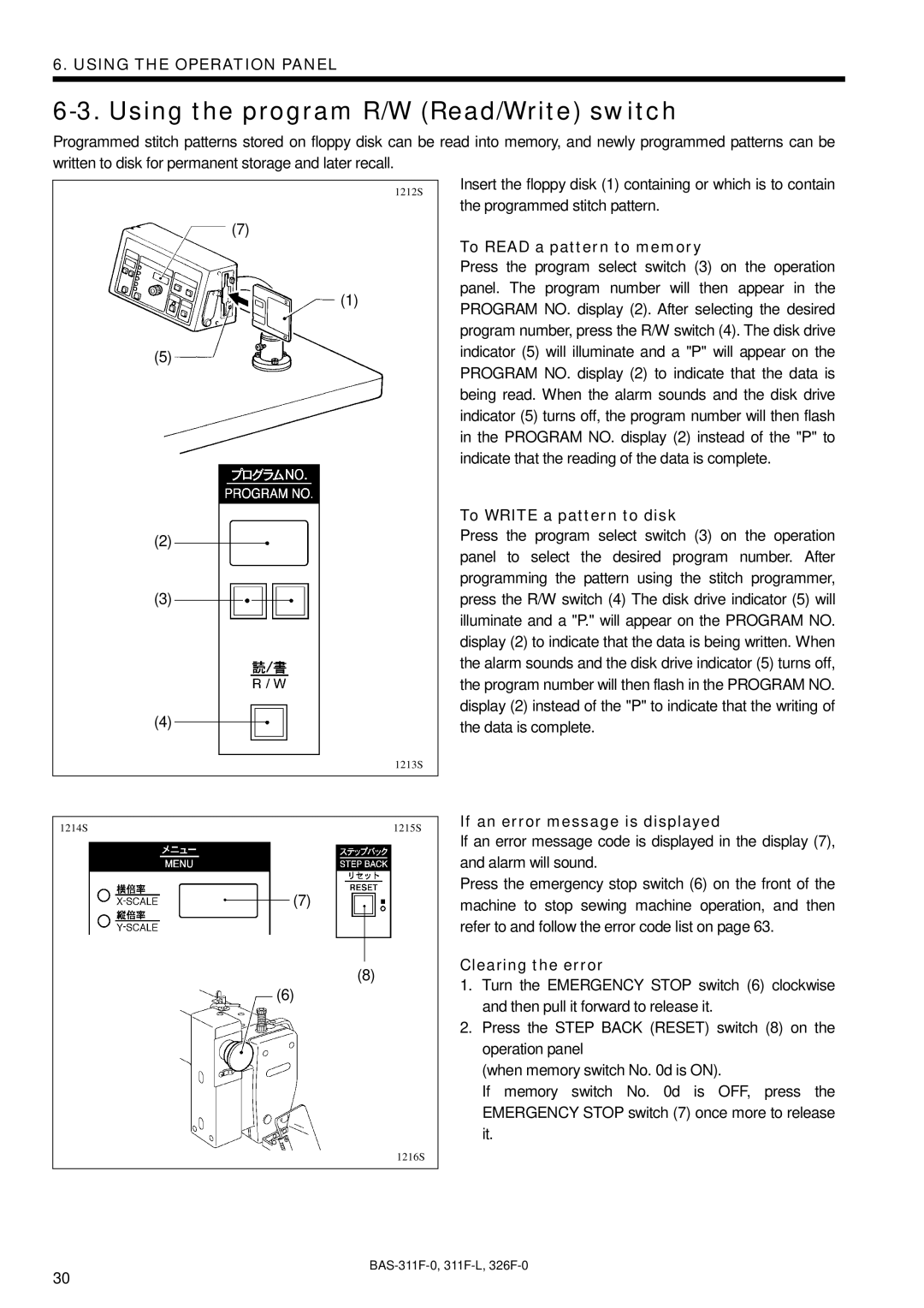 Brother BAS-311F-L Using the program R/W Read/Write switch, To Read a pattern to memory, To Write a pattern to disk 