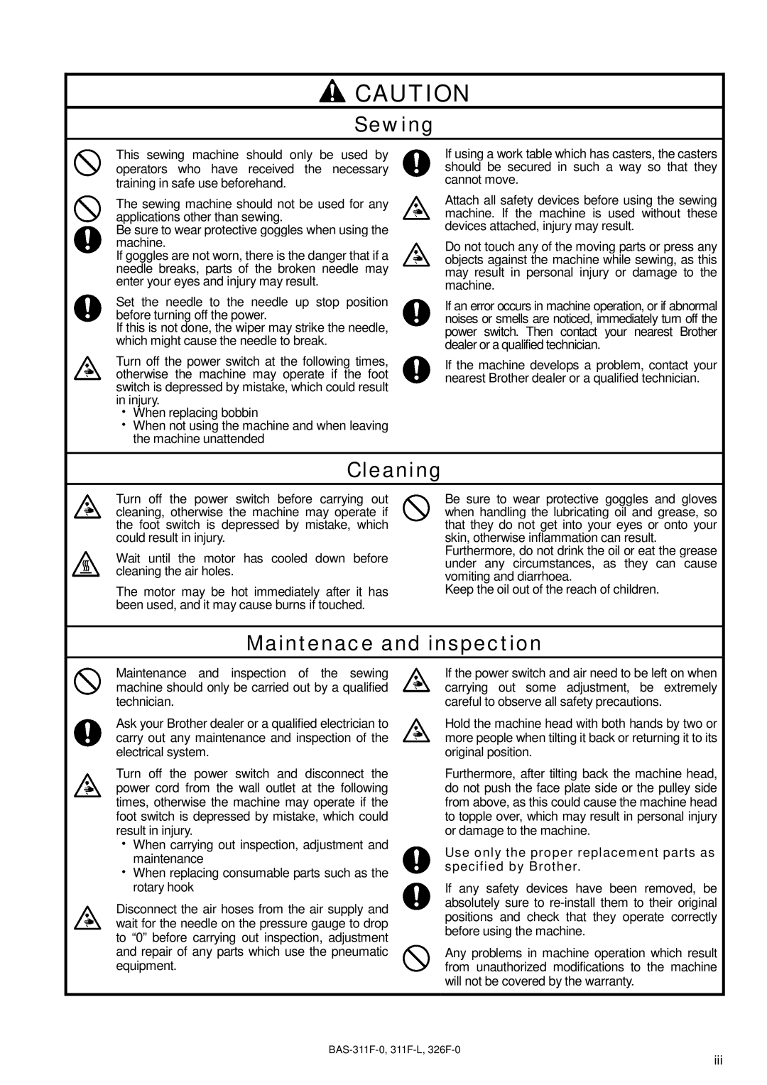 Brother BAS-311F-L, BAS-326F-0, BAS-311F-0 instruction manual Sewing, Cleaning, Maintenace and inspection 