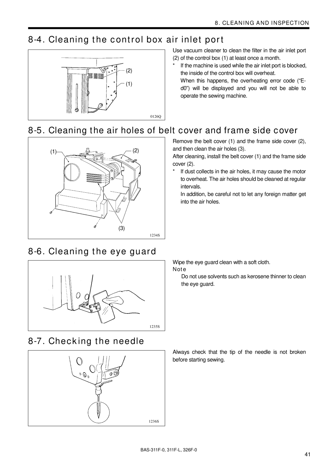 Brother BAS-326F-0 Cleaning the control box air inlet port, Cleaning the air holes of belt cover and frame side cover 