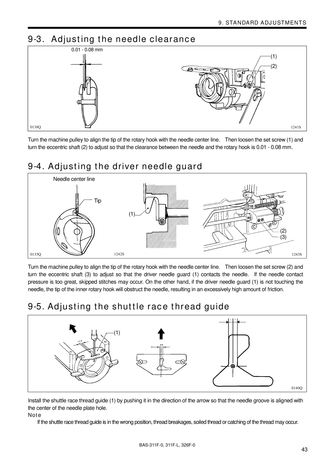 Brother BAS-311F-0, BAS-326F-0, BAS-311F-L Adjusting the needle clearance, Adjusting the driver needle guard 