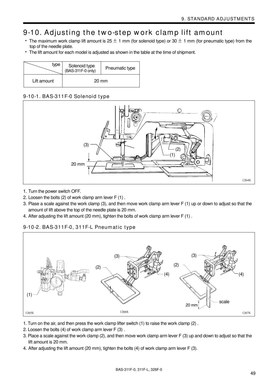 Brother BAS-326F-0, BAS-311F-L instruction manual Adjusting the two-step work clamp lift amount, BAS-311F-0 Solenoid type 