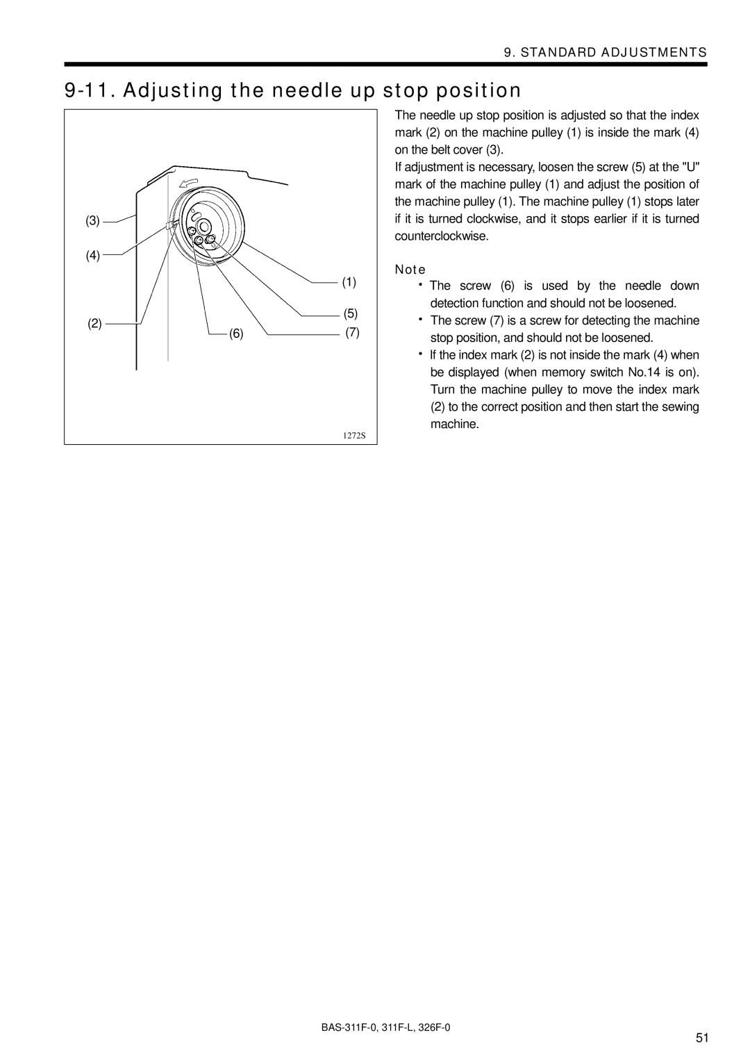 Brother BAS-311F-L, BAS-326F-0, BAS-311F-0 instruction manual Adjusting the needle up stop position 