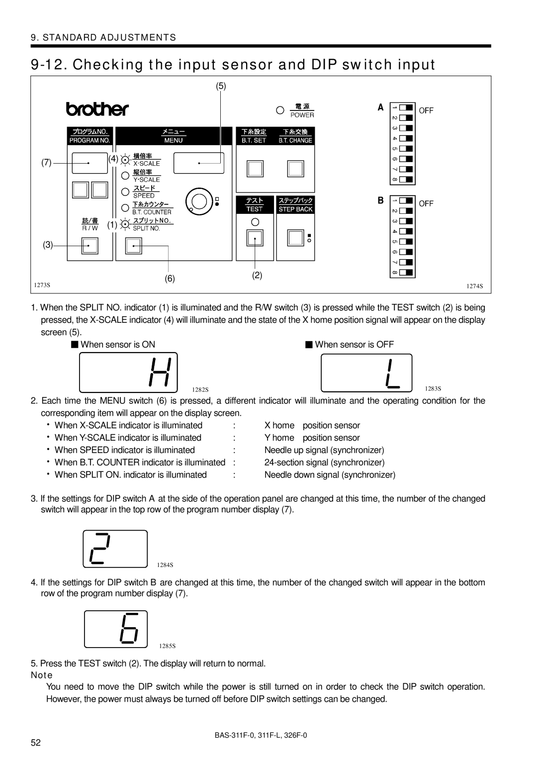 Brother BAS-311F-0, BAS-326F-0, BAS-311F-L instruction manual Checking the input sensor and DIP switch input 