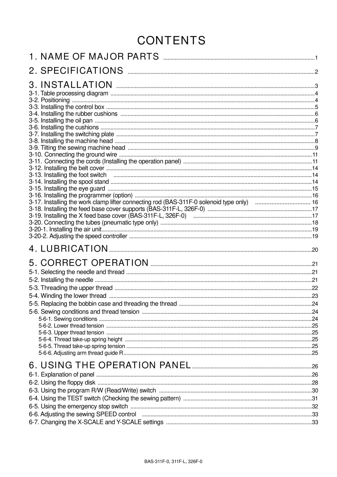 Brother BAS-326F-0, BAS-311F-L, BAS-311F-0 instruction manual Contents 