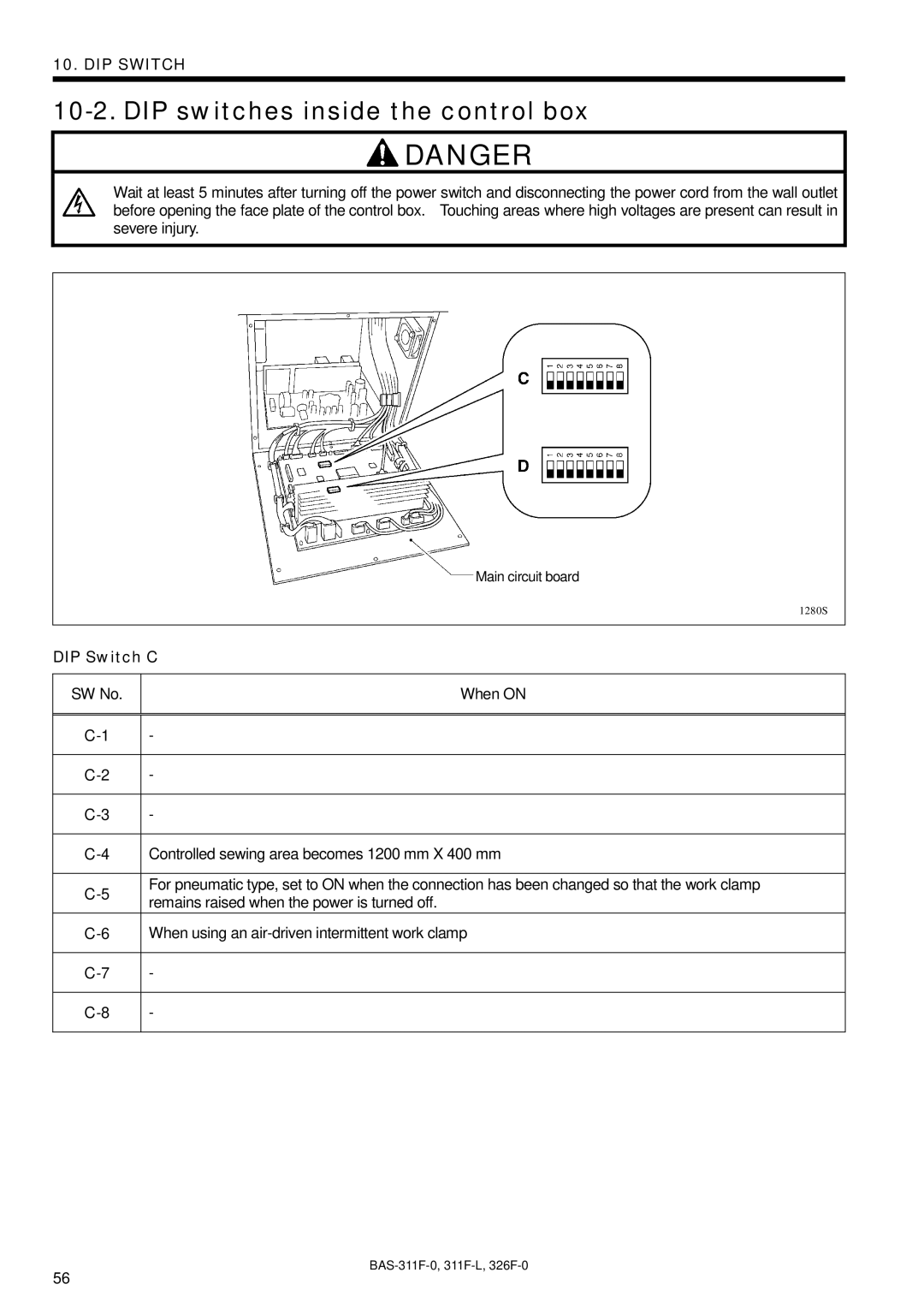 Brother BAS-326F-0, BAS-311F-L, BAS-311F-0 instruction manual DIP switches inside the control box, DIP Switch C 