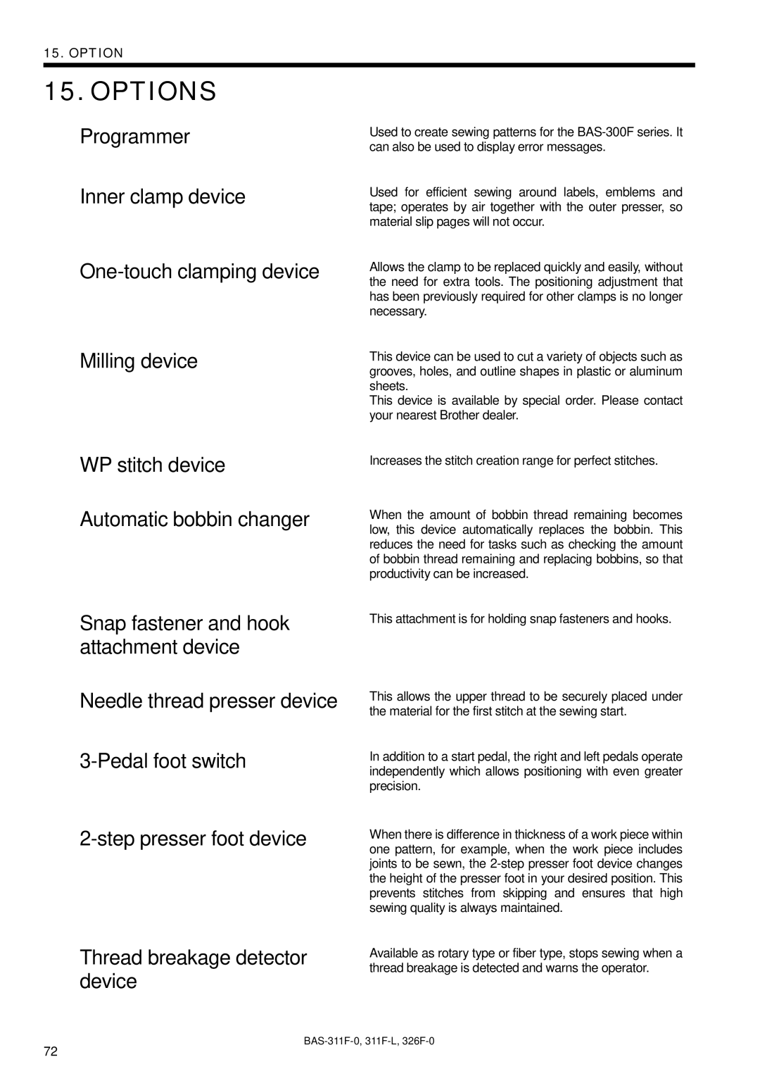 Brother BAS-311F-L, BAS-326F-0, BAS-311F-0 instruction manual Options, WP stitch device Automatic bobbin changer 