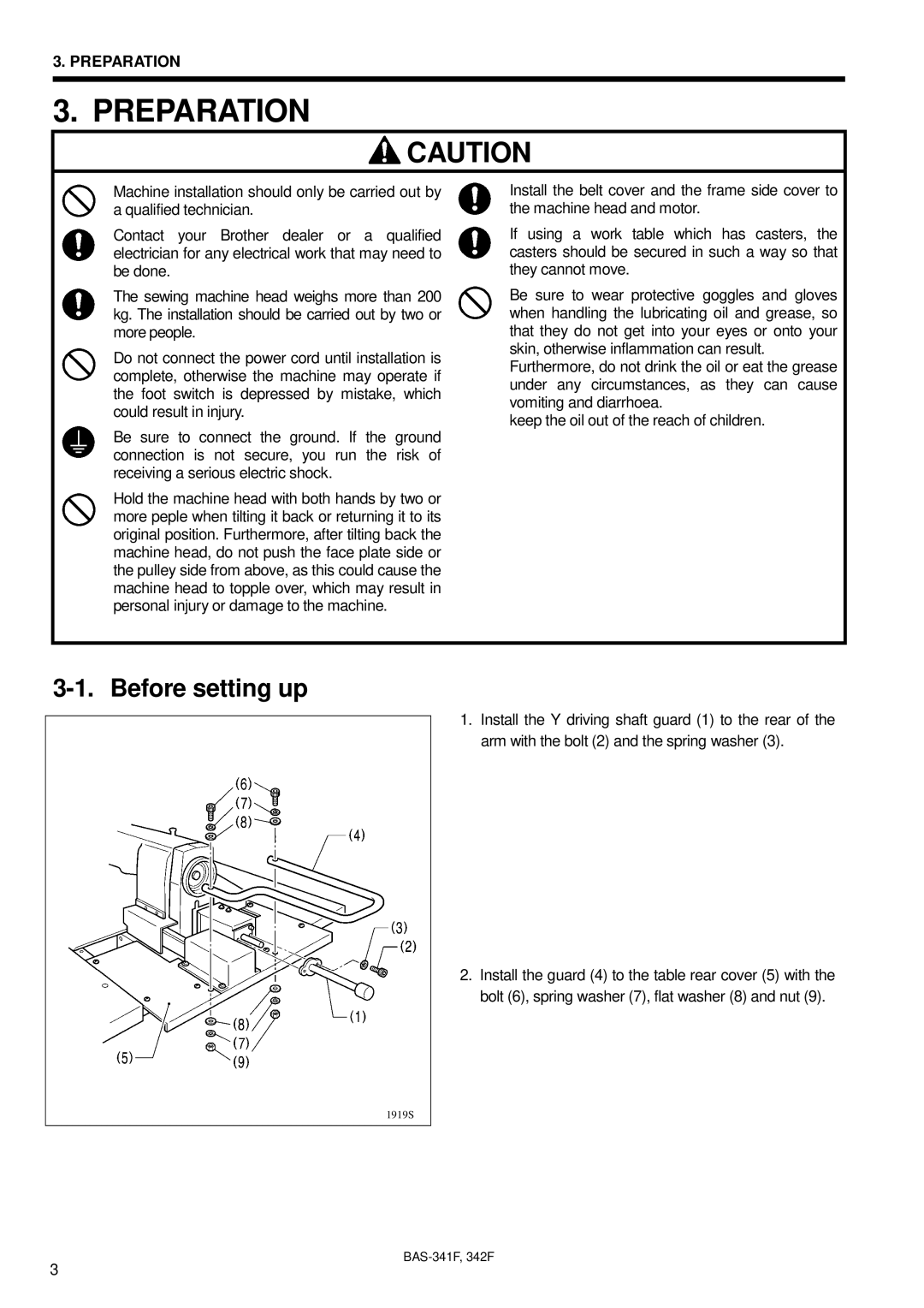 Brother 342Fi, BAS-341F, BAS-342F, PROGRAMMABLE ELECTRONIC PATTERN SEWER instruction manual Preparation, Before setting up 