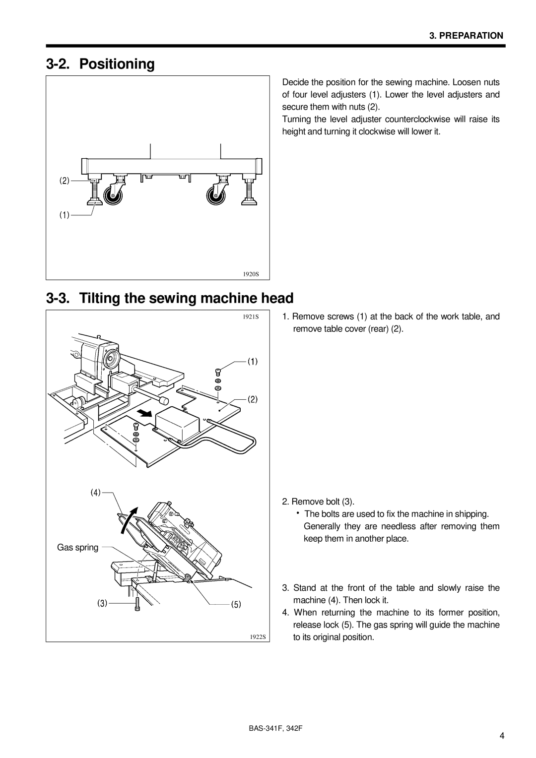 Brother PROGRAMMABLE ELECTRONIC PATTERN SEWER, BAS-341F, BAS-342F, 342Fi Positioning, Tilting the sewing machine head 