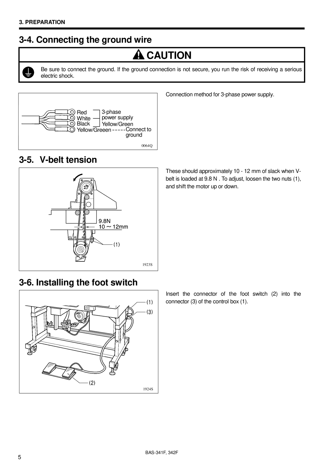 Brother BAS-341F, BAS-342F, 342Fi instruction manual Connecting the ground wire, Belt tension, Installing the foot switch 