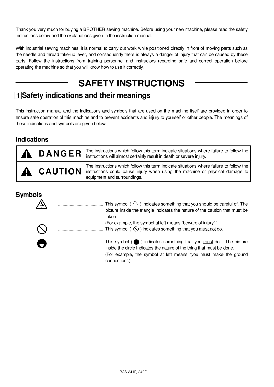 Brother 342Fi, BAS-341F, BAS-342F instruction manual Safety Instructions, Safety indications and their meanings 