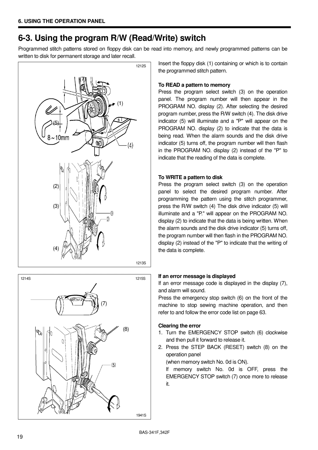 Brother 342Fi, BAS-341F Using the program R/W Read/Write switch, To Read a pattern to memory, To Write a pattern to disk 