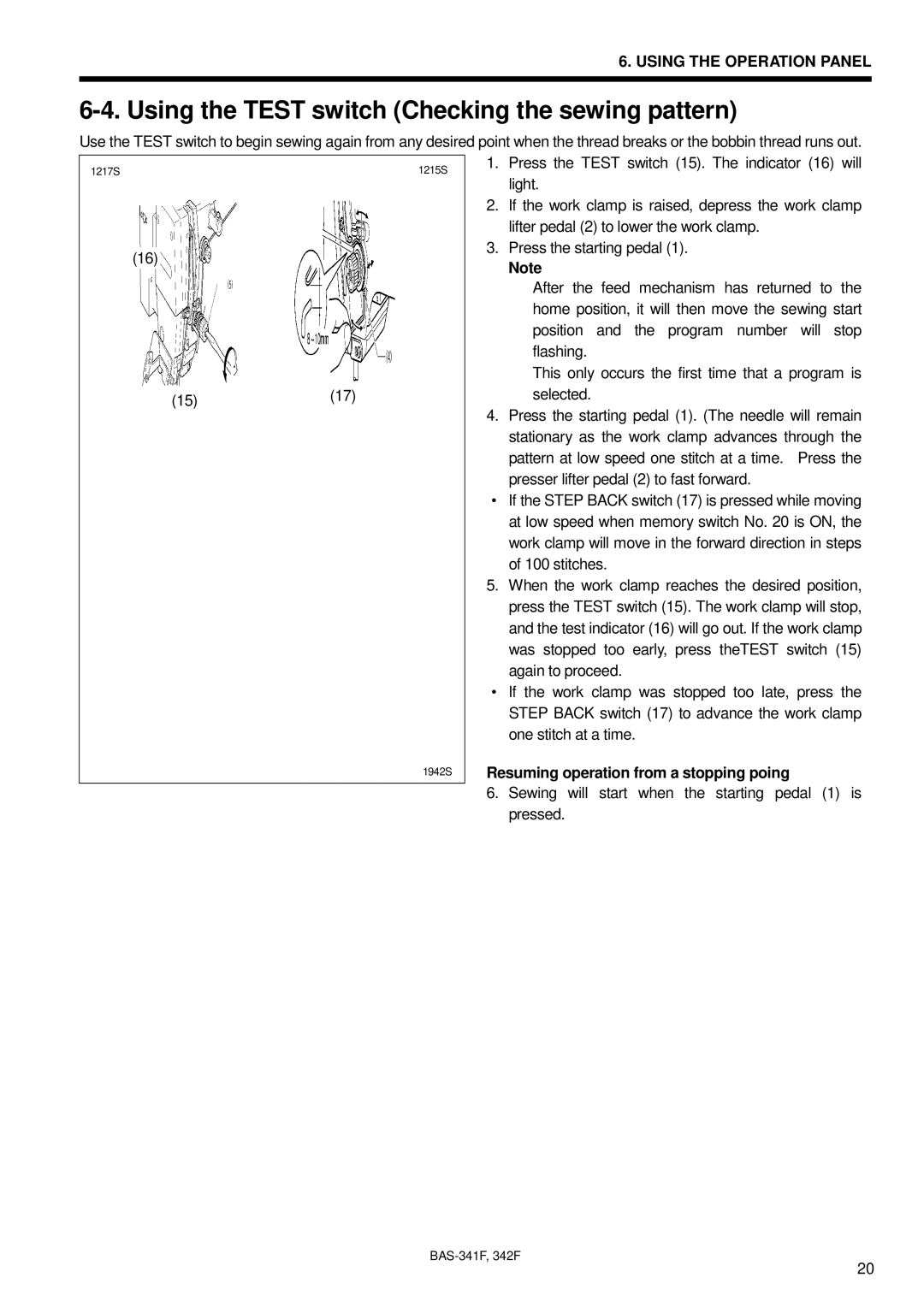 Brother PROGRAMMABLE ELECTRONIC PATTERN SEWER, BAS-341F, BAS-342F, 342Fi Using the Test switch Checking the sewing pattern 