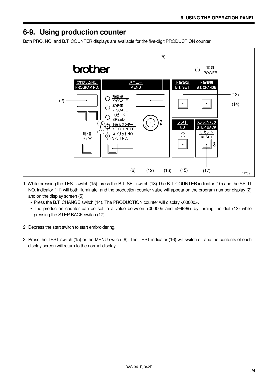 Brother PROGRAMMABLE ELECTRONIC PATTERN SEWER, BAS-341F, BAS-342F, 342Fi instruction manual Using production counter 