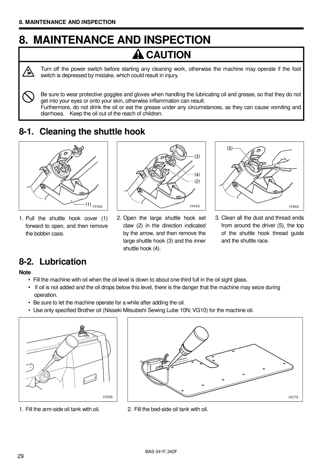 Brother BAS-341F, BAS-342F, 342Fi instruction manual Maintenance and Inspection, Cleaning the shuttle hook, Lubrication 