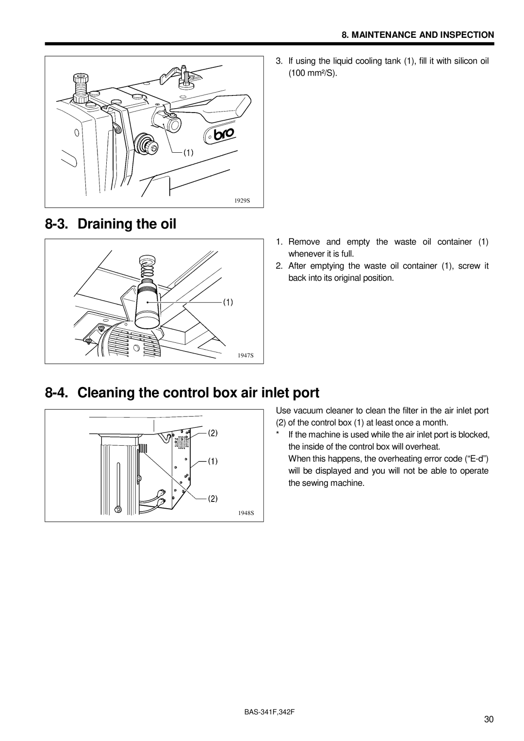 Brother BAS-342F, BAS-341F, 342Fi instruction manual Draining the oil, Cleaning the control box air inlet port 