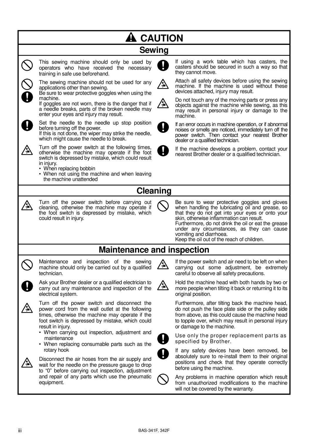 Brother BAS-341F, BAS-342F, 342Fi, PROGRAMMABLE ELECTRONIC PATTERN SEWER Sewing, Cleaning, Maintenance and inspection 