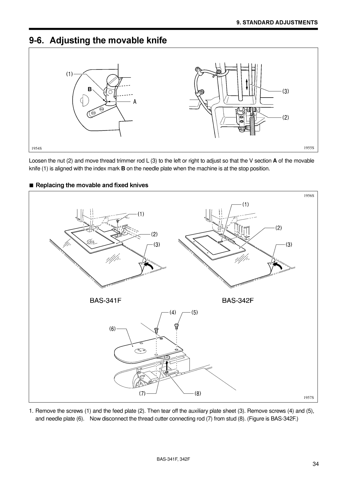 Brother BAS-342F, BAS-341F, 342Fi instruction manual Adjusting the movable knife, Replacing the movable and fixed knives 