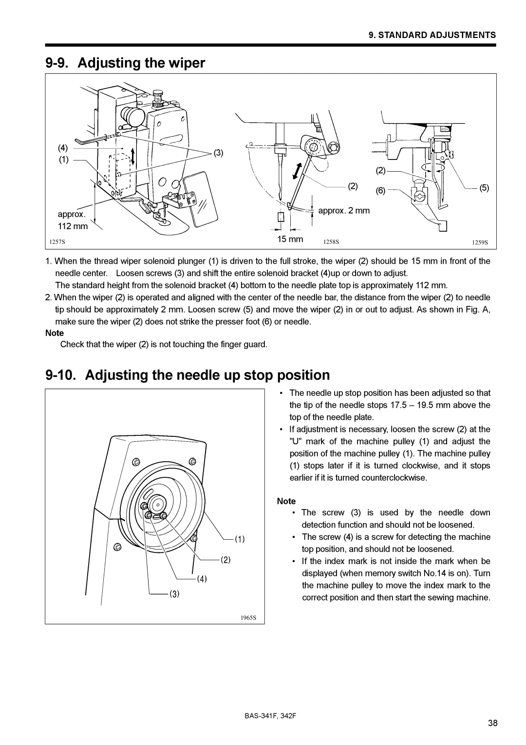 Brother BAS-342F, BAS-341F, 342Fi instruction manual Adjusting the wiper, Adjusting the needle up stop position 