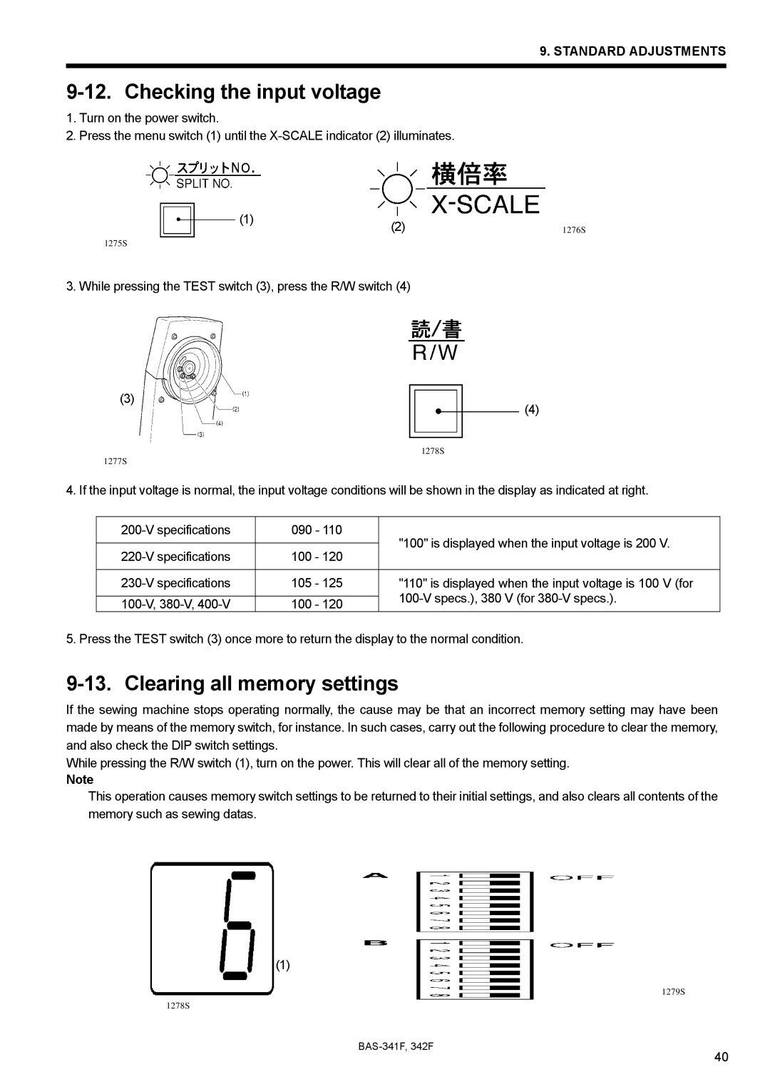 Brother PROGRAMMABLE ELECTRONIC PATTERN SEWER, BAS-341F, BAS-342F Checking the input voltage, Clearing all memory settings 