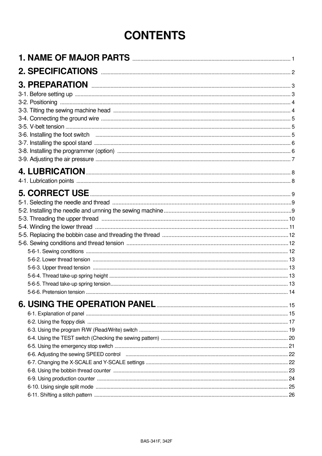 Brother 342Fi, BAS-341F, BAS-342F, PROGRAMMABLE ELECTRONIC PATTERN SEWER instruction manual Contents 