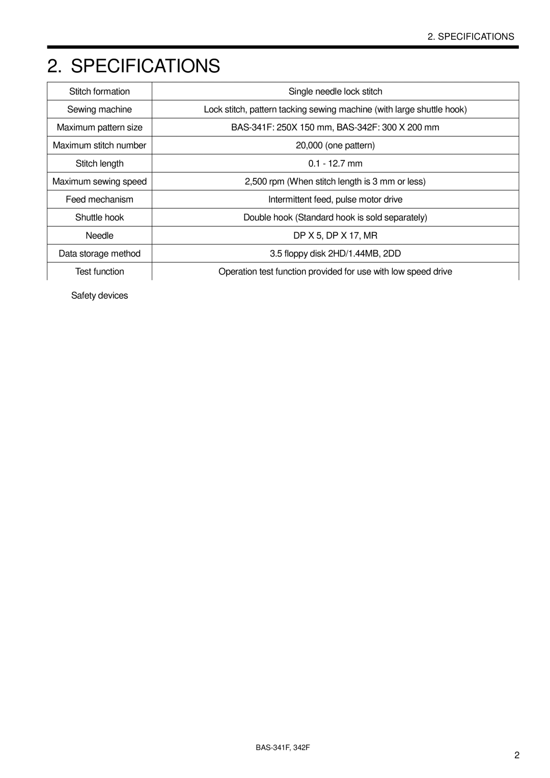 Brother BAS-342F, BAS-341F, 342Fi, PROGRAMMABLE ELECTRONIC PATTERN SEWER instruction manual Specifications, Needle 