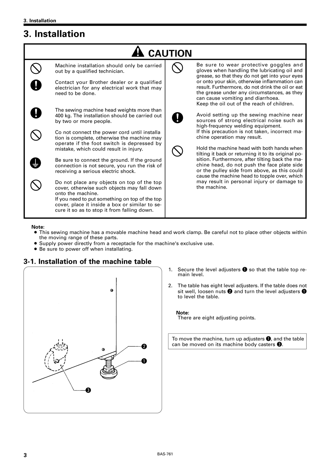 Brother BAS-761 instruction manual Installation of the machine table 