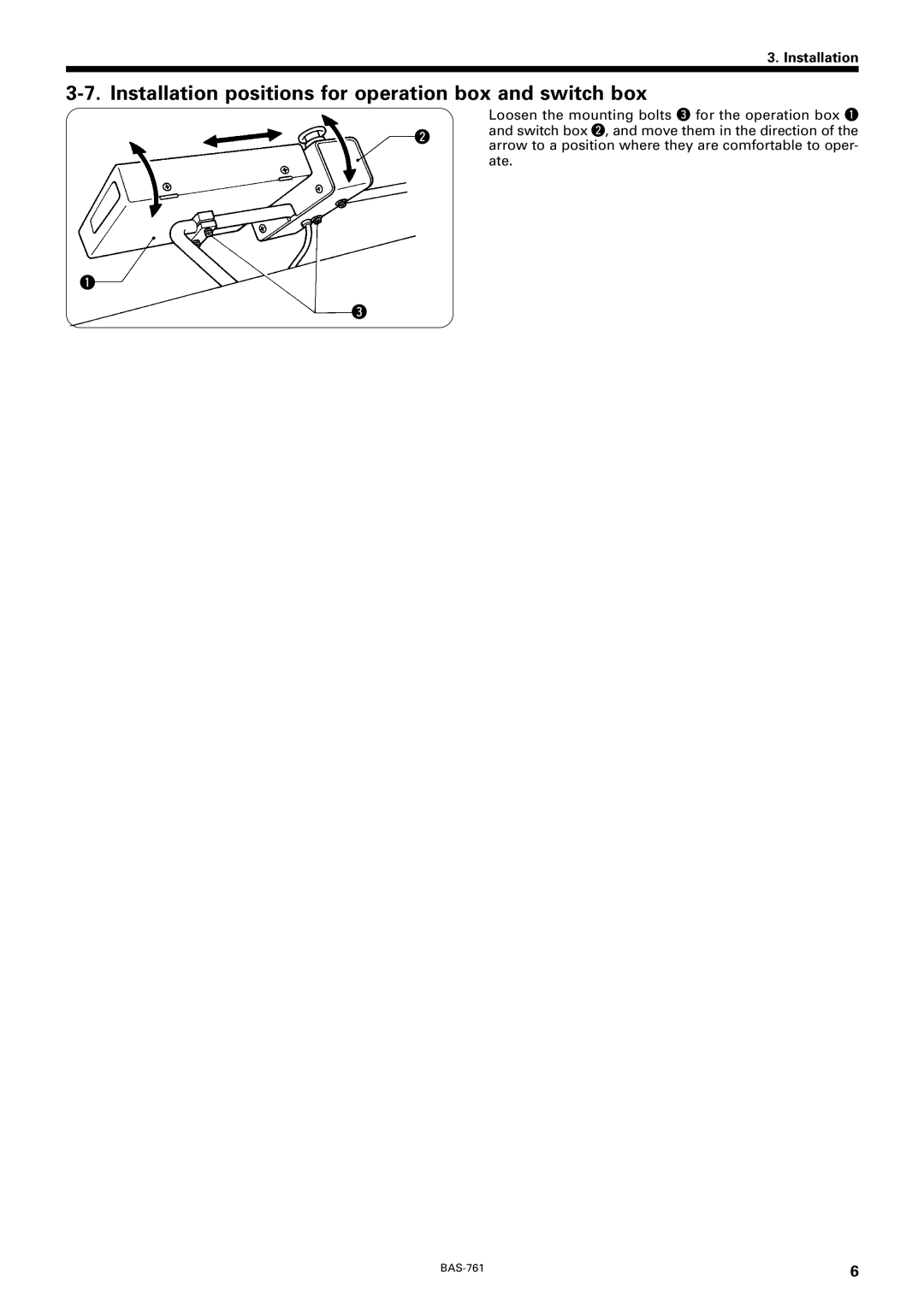 Brother BAS-761 instruction manual Installation positions for operation box and switch box 