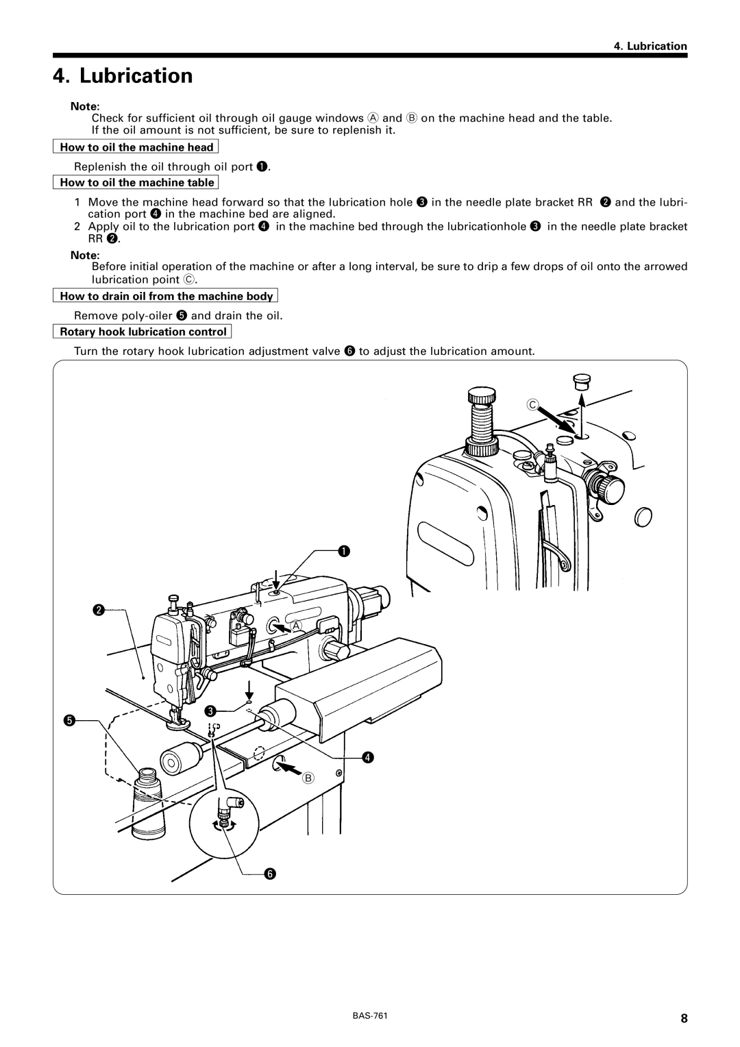 Brother BAS-761 instruction manual Lubrication 