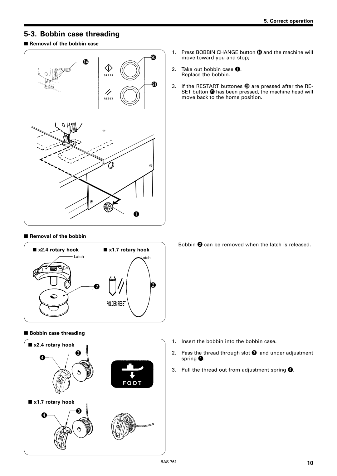 Brother BAS-761 instruction manual Bobbin case threading, Removal of the bobbin case, X2.4 rotary hook X1.7 rotary hook 