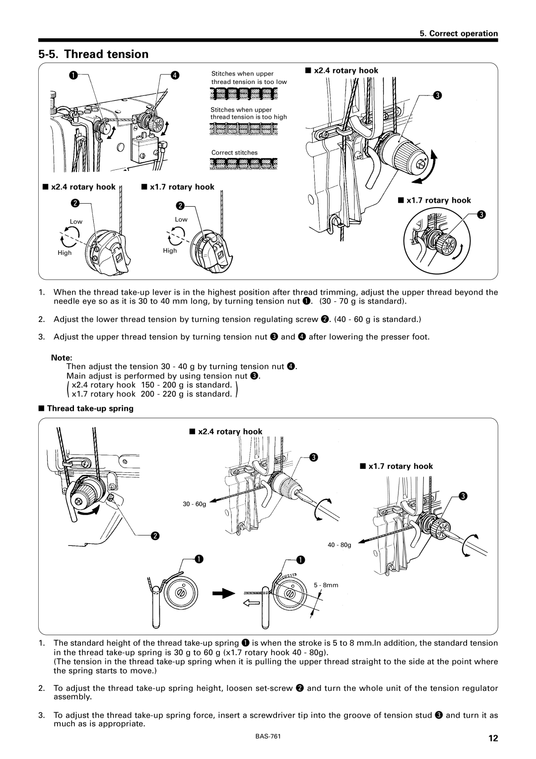 Brother BAS-761 instruction manual Thread tension, Thread take-up spring X2.4 rotary hook X1.7 rotary hook 